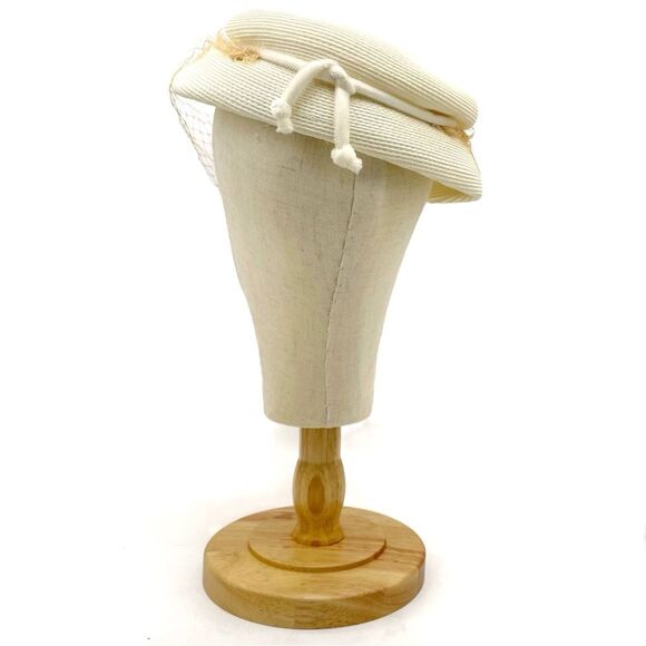 Vintage 1950s Ivory Cream Straw Pillbox Hat Netted Veil Midcentury Fascinator - Picture 6 of 12